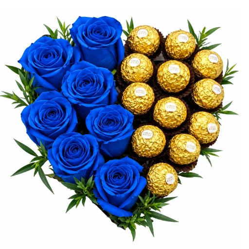 Arreglo floral de 6 rosas azules y bombones 